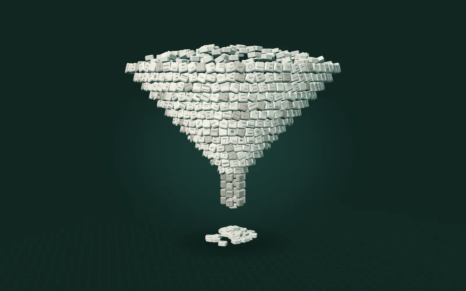 A wide heap of paper tiles narrowing to a neck three tiles wide, with single tiles dripping through onto a small pile.