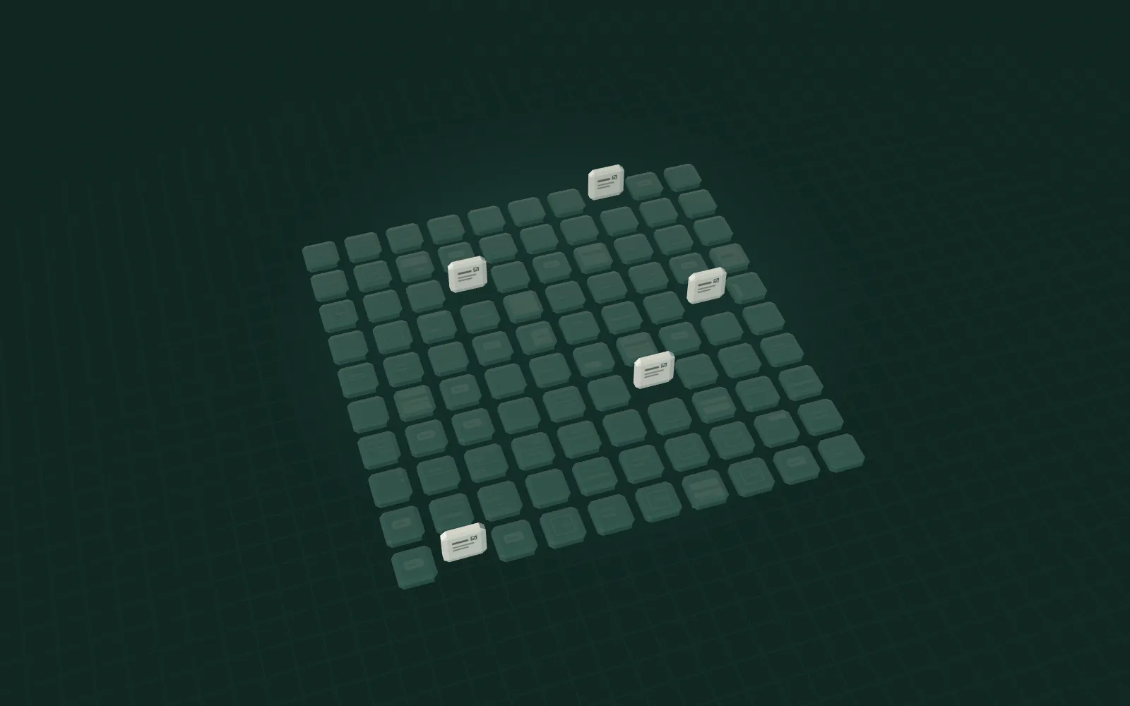 A grid of one hundred tiles seen from above: ninety-five lie face-down, five stand upright.