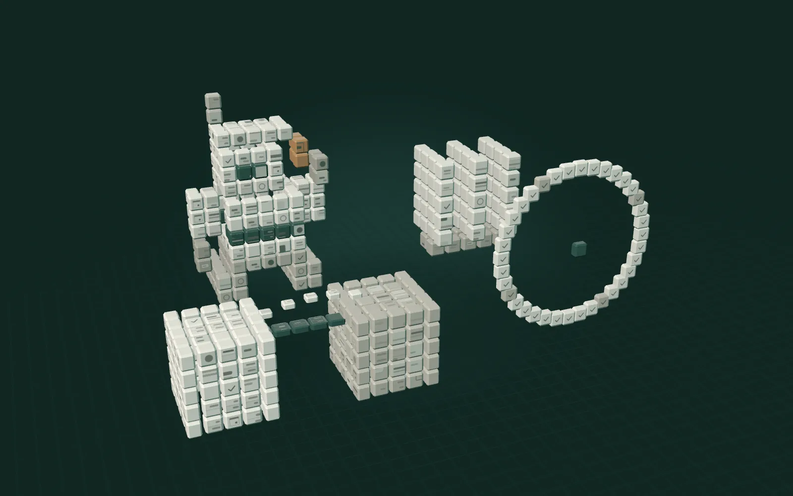 Four small constructions of paper tiles: a small robot, a three-slab comb, a ring of tiles, and two blocks joined by a bridge.