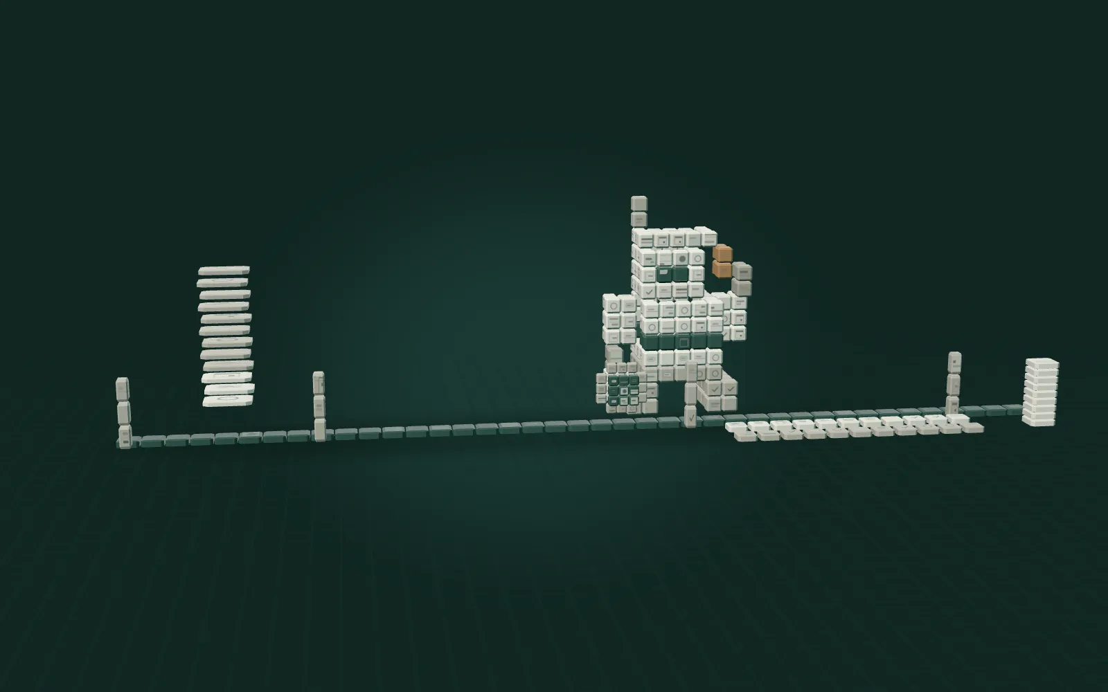 A rail of tiles marked at weeks 0, 2, 6 and 9: a ranked stack of cards, a small machine at week 6, and two lanes of tiles meeting in one stack at week 9.